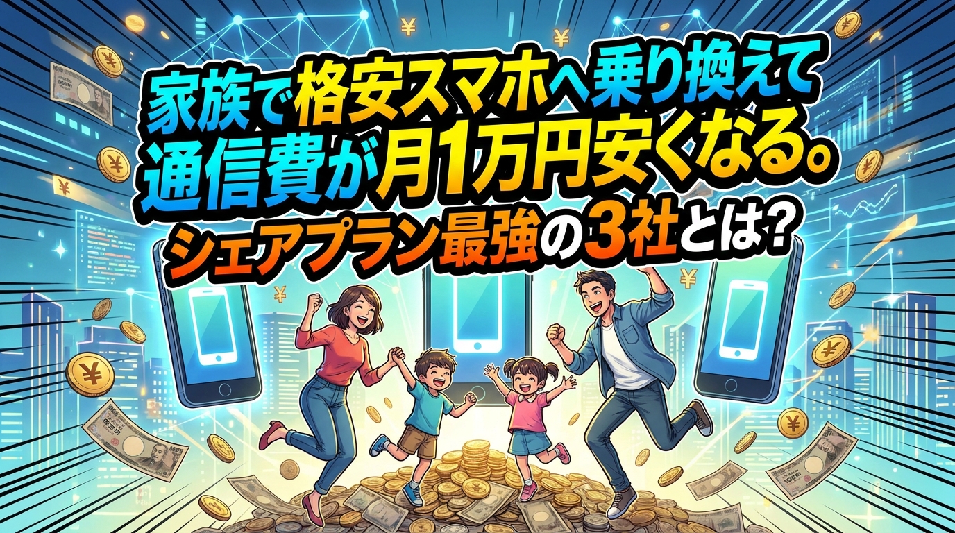 家族で格安スマホへ乗り換えて通信費が月1万円安くなるシェアプラン最強の3社とは?
