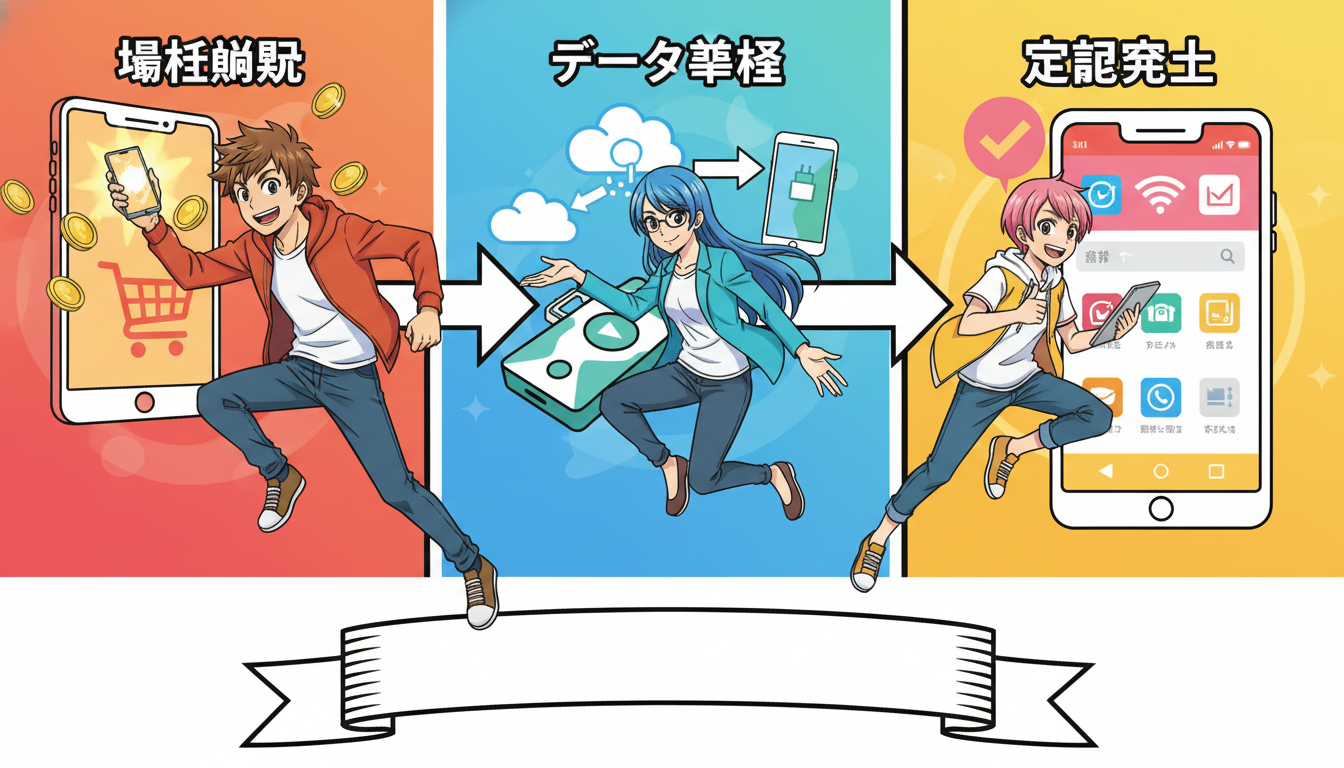 格安スマホの機種変更は「端末購入」「データ準備」「設定完了」の3ステップで完結